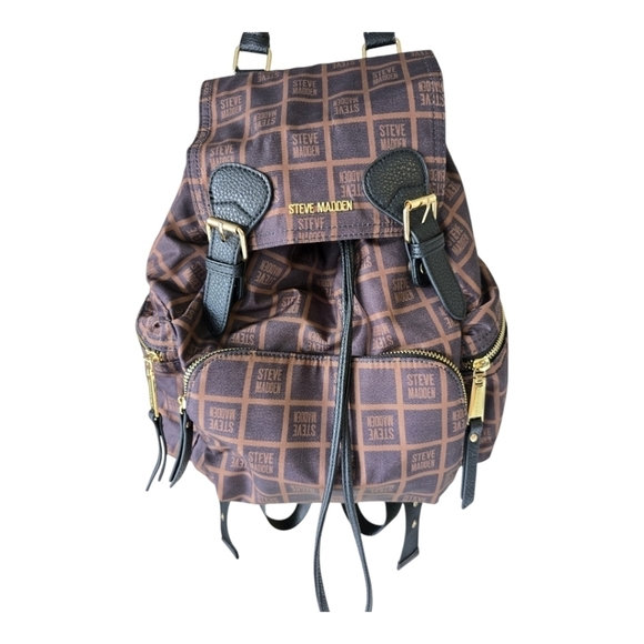 Steve Madden Backpack Black Brown Monogram Carryall Women Large Excellent - Picture 2 of 16